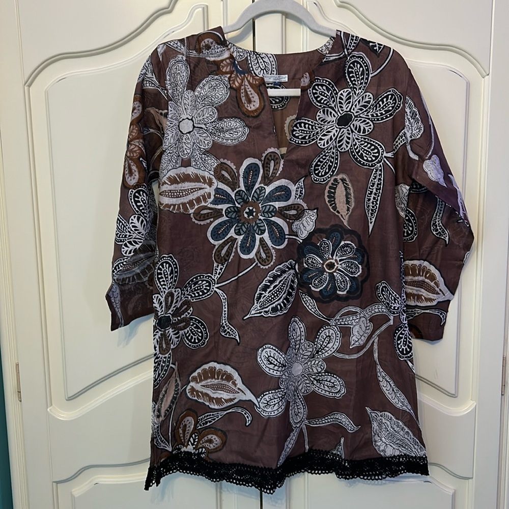 Accessories By Adrienne Brown Floral Beach Coverup Dress NWOT Size Small
